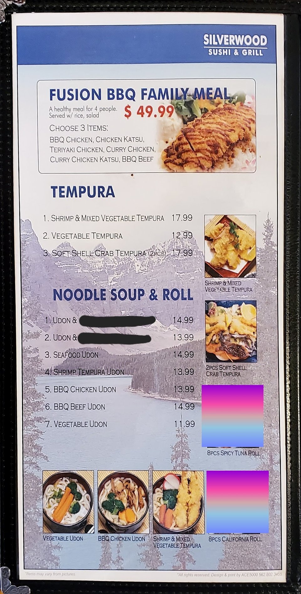 Printed menu with chicken, beef, and shrimp options.